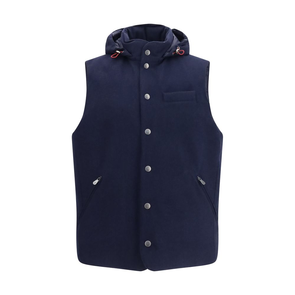 Brunello Cucinelli Blue Wool Gilet Sleeveless Button Up Hooded Jacket