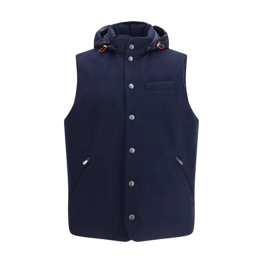 Brunello Cucinelli Blue Wool Gilet Sleeveless Button Up Hooded Jacket