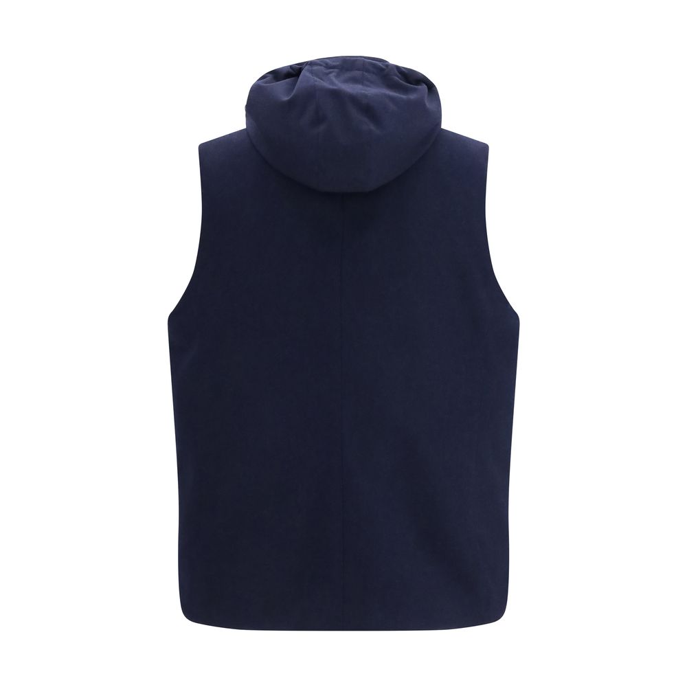 Brunello Cucinelli Blue Wool Gilet Sleeveless Button Up Hooded Jacket