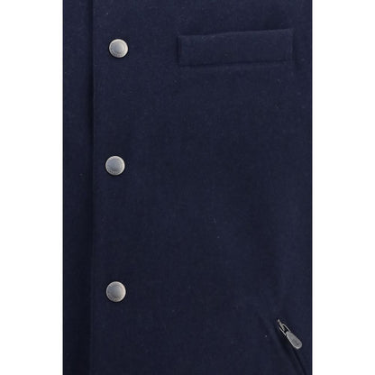 Brunello Cucinelli Blue Wool Gilet Sleeveless Button Up Hooded Jacket