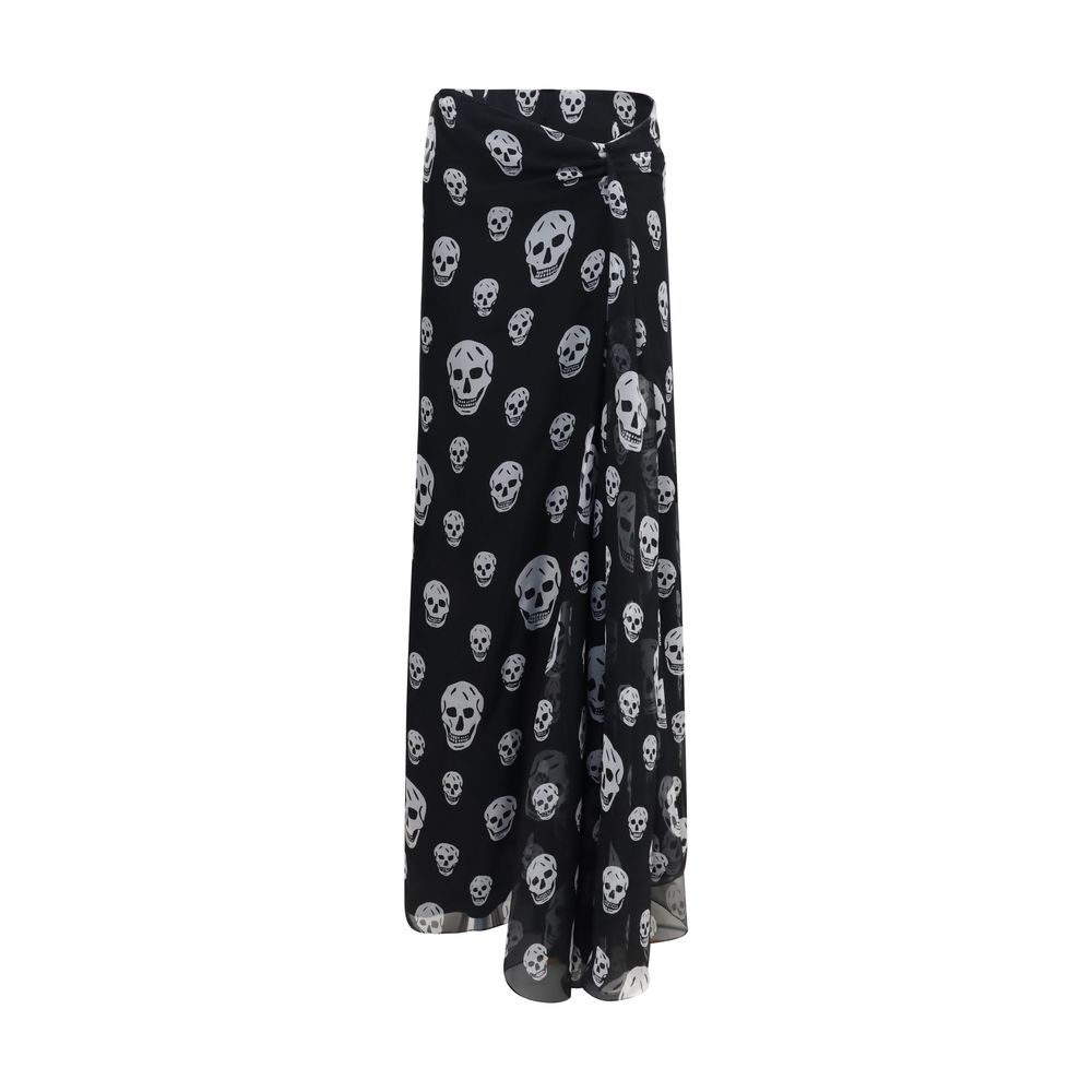 Alexander McQueen Black & White Skull Print Silk Maxi Skirt