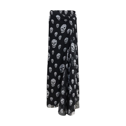 Alexander McQueen Black & White Skull Print Silk Maxi Skirt
