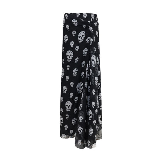 Alexander McQueen Black & White Skull Print Silk Maxi Skirt