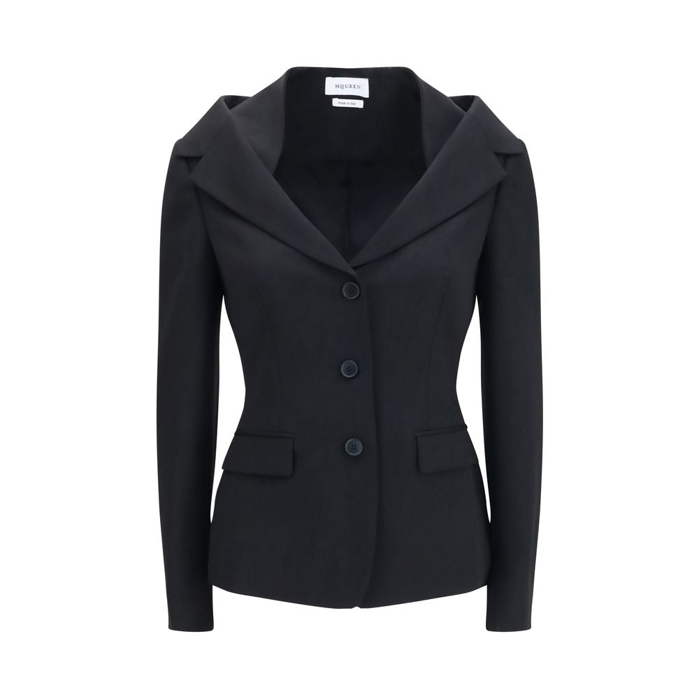 Alexander McQueen Black Wool Structured Off-Shoulder Jacket