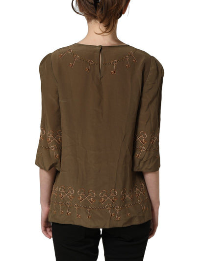 Dolce & Gabbana Brown Keys Roses Printed Silk Blouse Top
