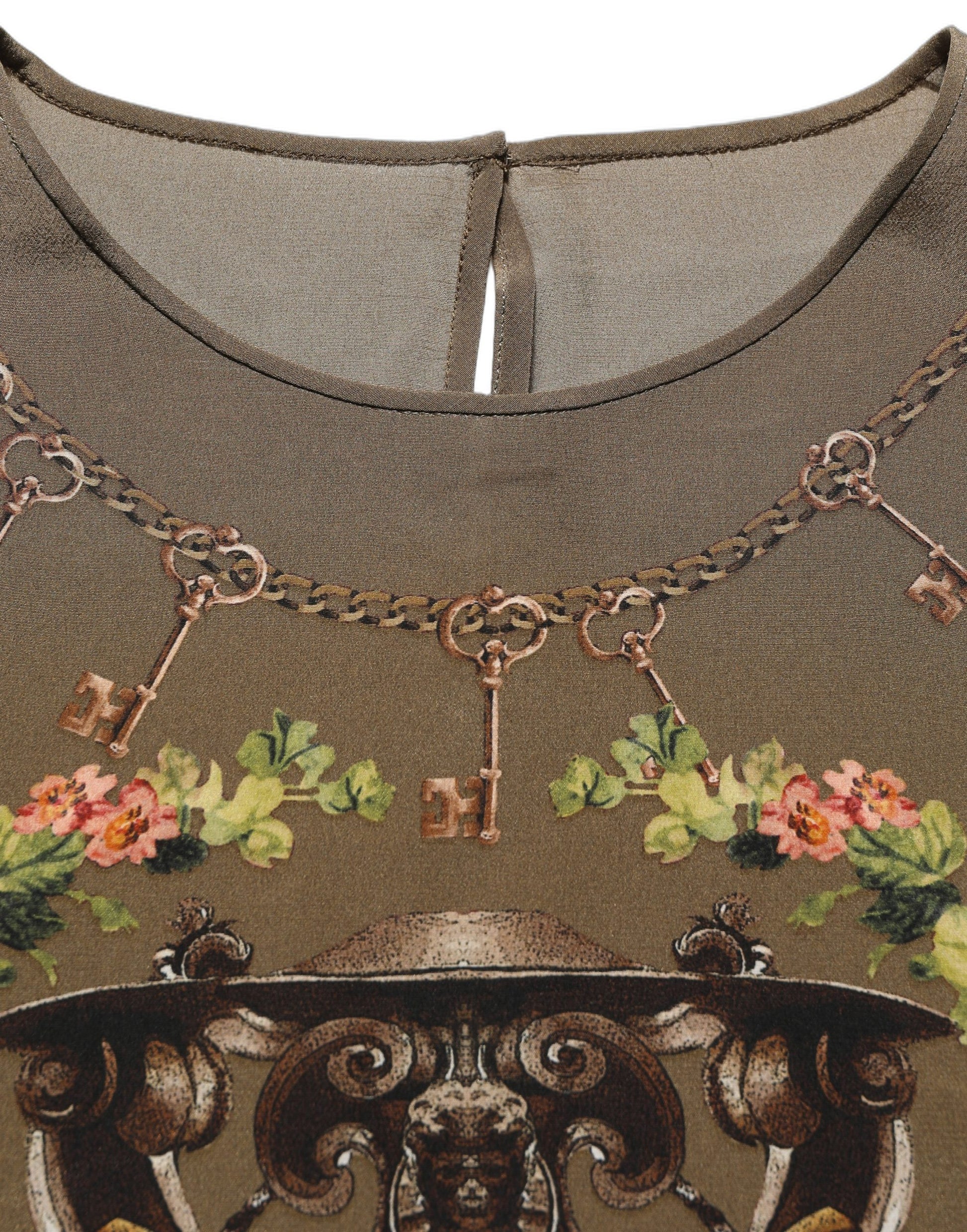 Dolce & Gabbana Brown Keys Roses Printed Silk Blouse Top