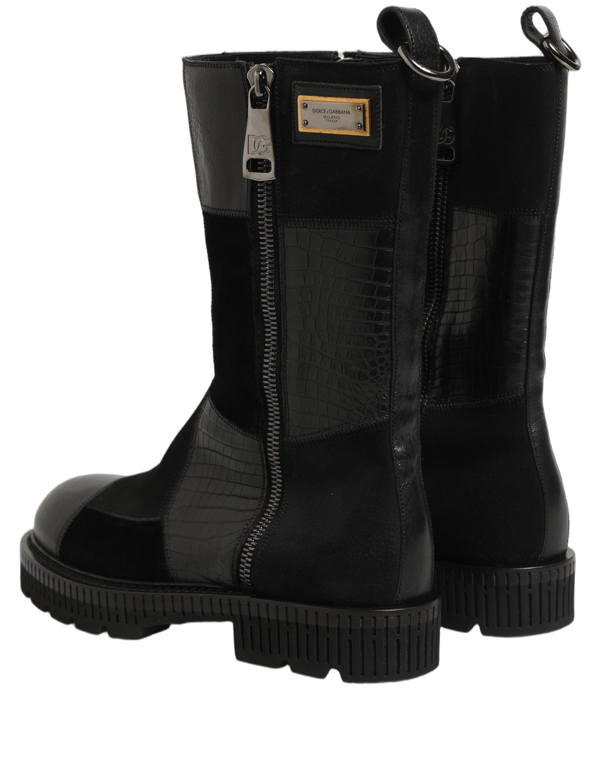 Dolce & Gabbana Black Patchwork Leather Mid Calf Boots for Men
