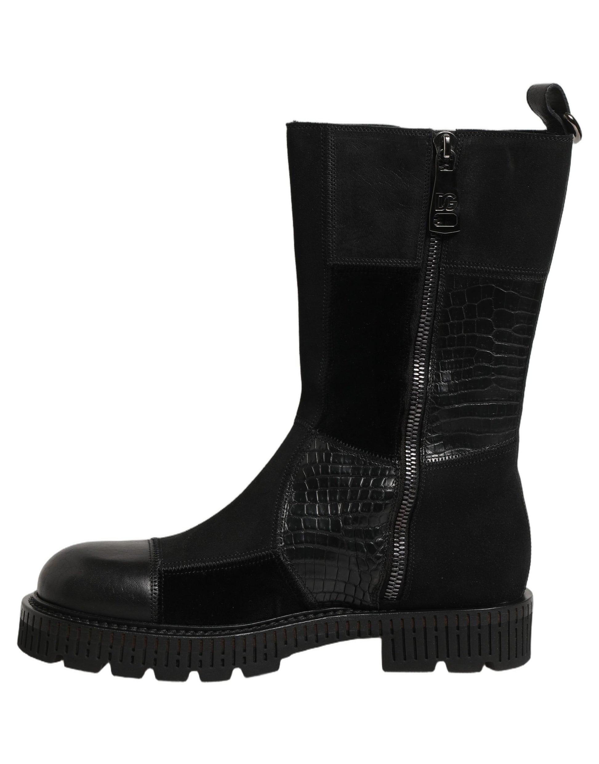Dolce & Gabbana Black Patchwork Leather Mid Calf Boots for Men