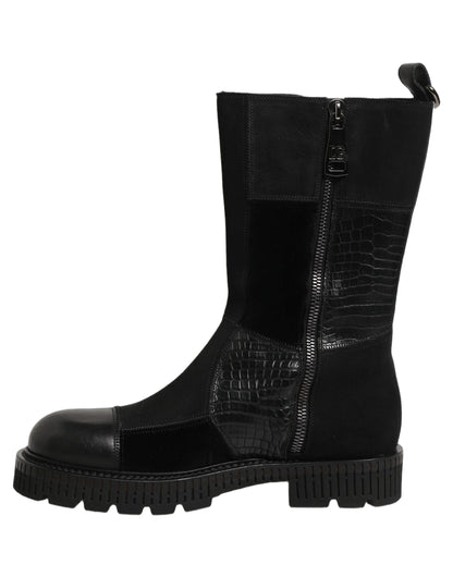 Dolce & Gabbana Black Patchwork Leather Mid Calf Boots for Men