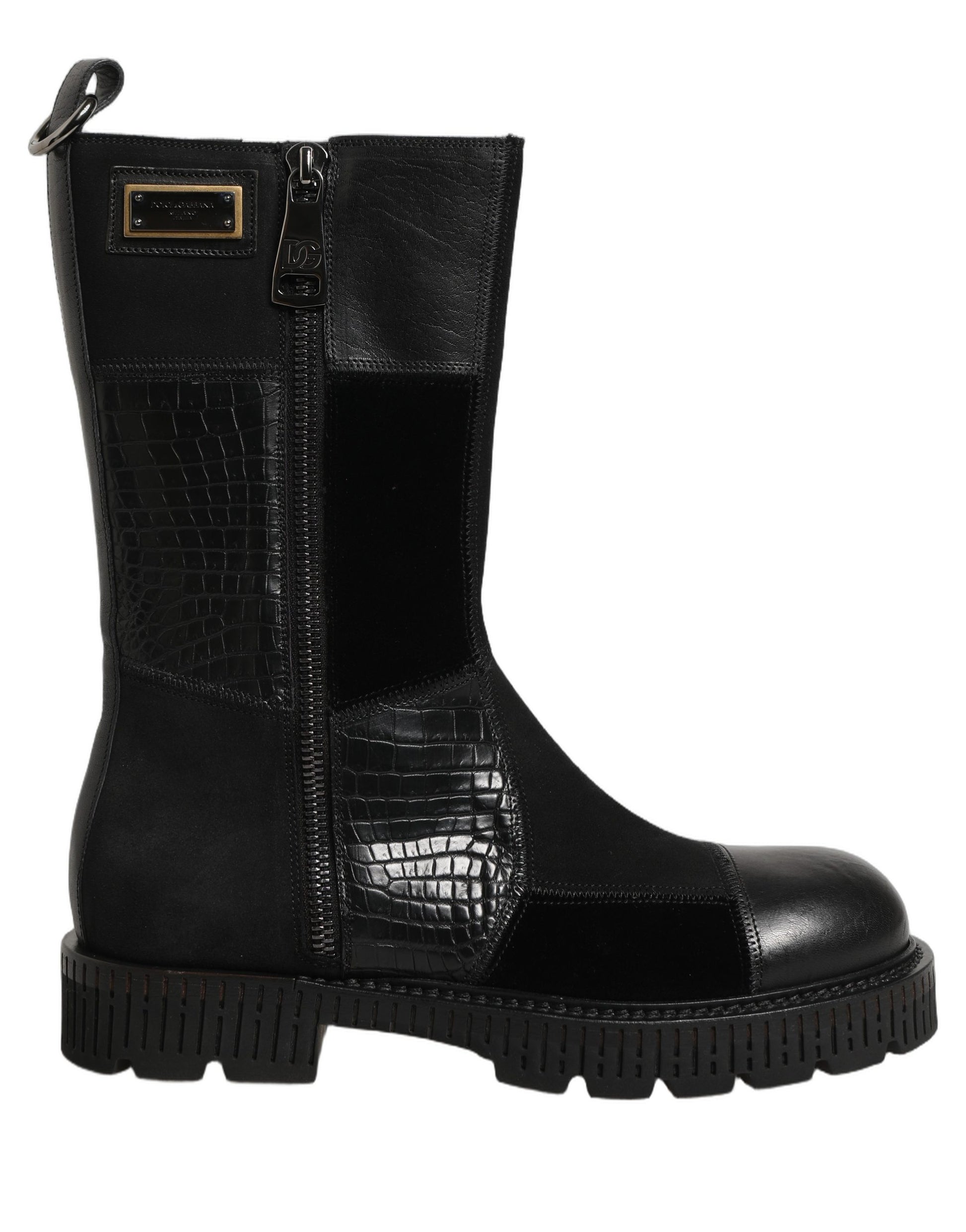 Dolce & Gabbana Black Patchwork Leather Mid Calf Boots for Men