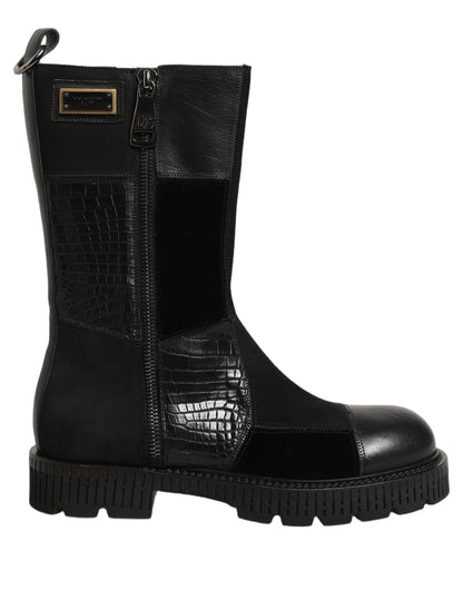 Dolce & Gabbana Black Patchwork Leather Mid Calf Boots for Men