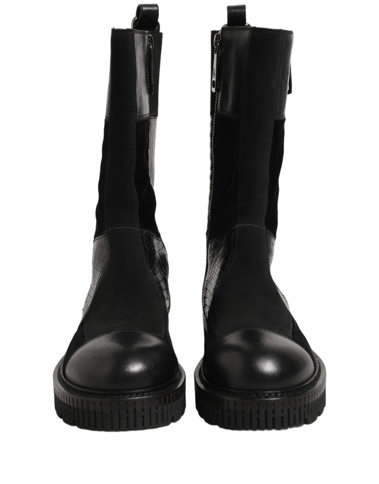 Dolce & Gabbana Black Patchwork Leather Mid Calf Boots for Men