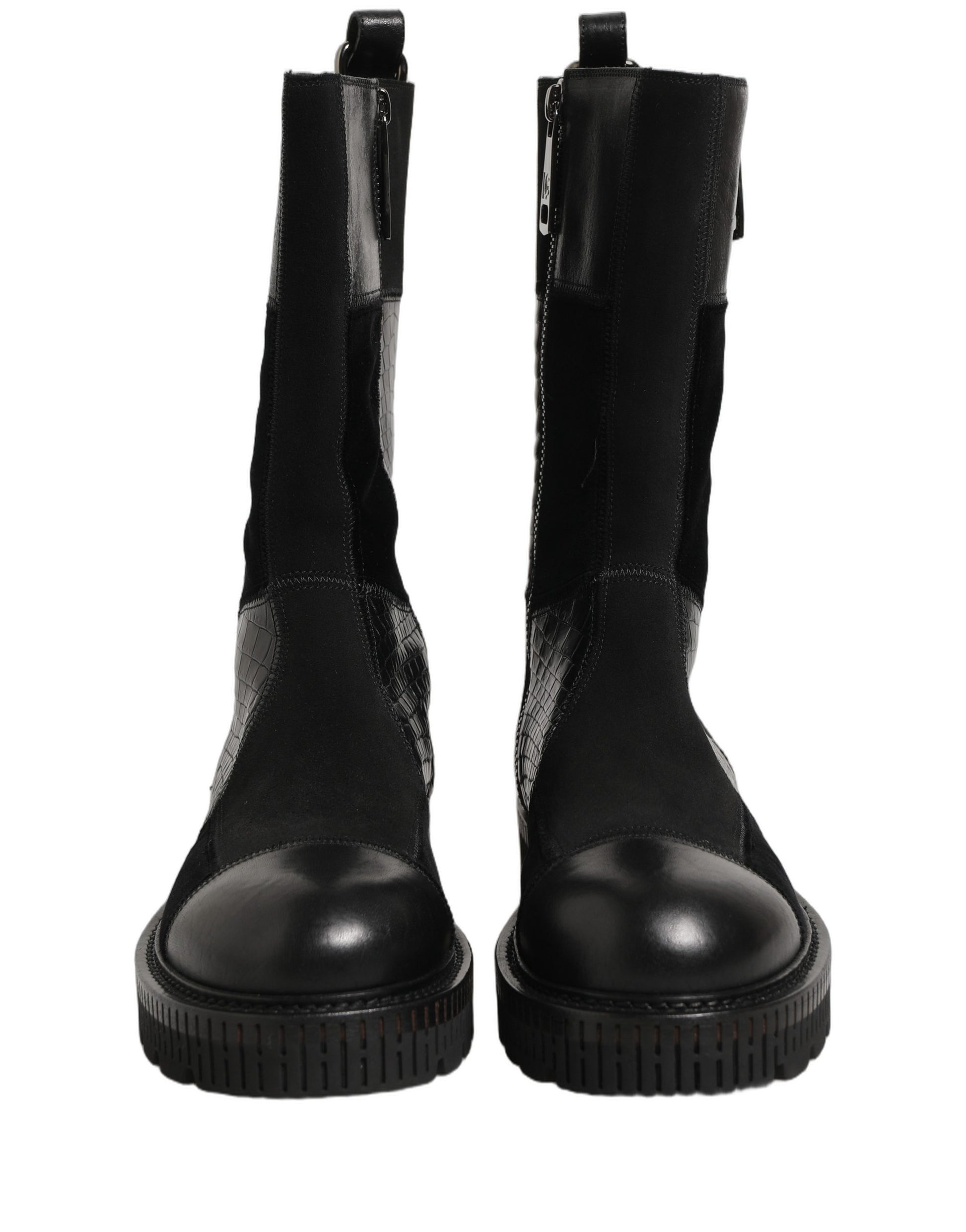 Dolce & Gabbana Black Patchwork Leather Mid Calf Boots for Men