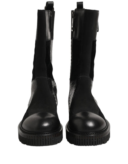 Dolce & Gabbana Black Patchwork Leather Mid Calf Boots for Men
