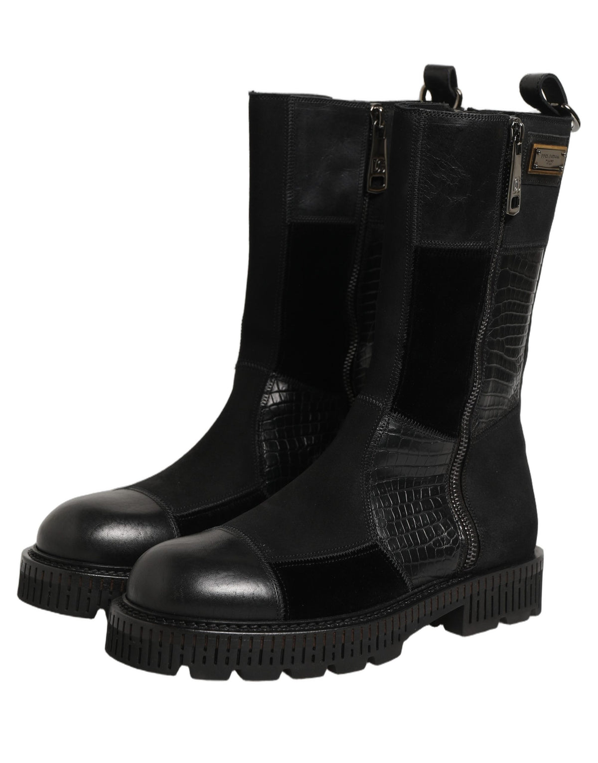 Dolce & Gabbana Black Patchwork Leather Mid Calf Boots for Men