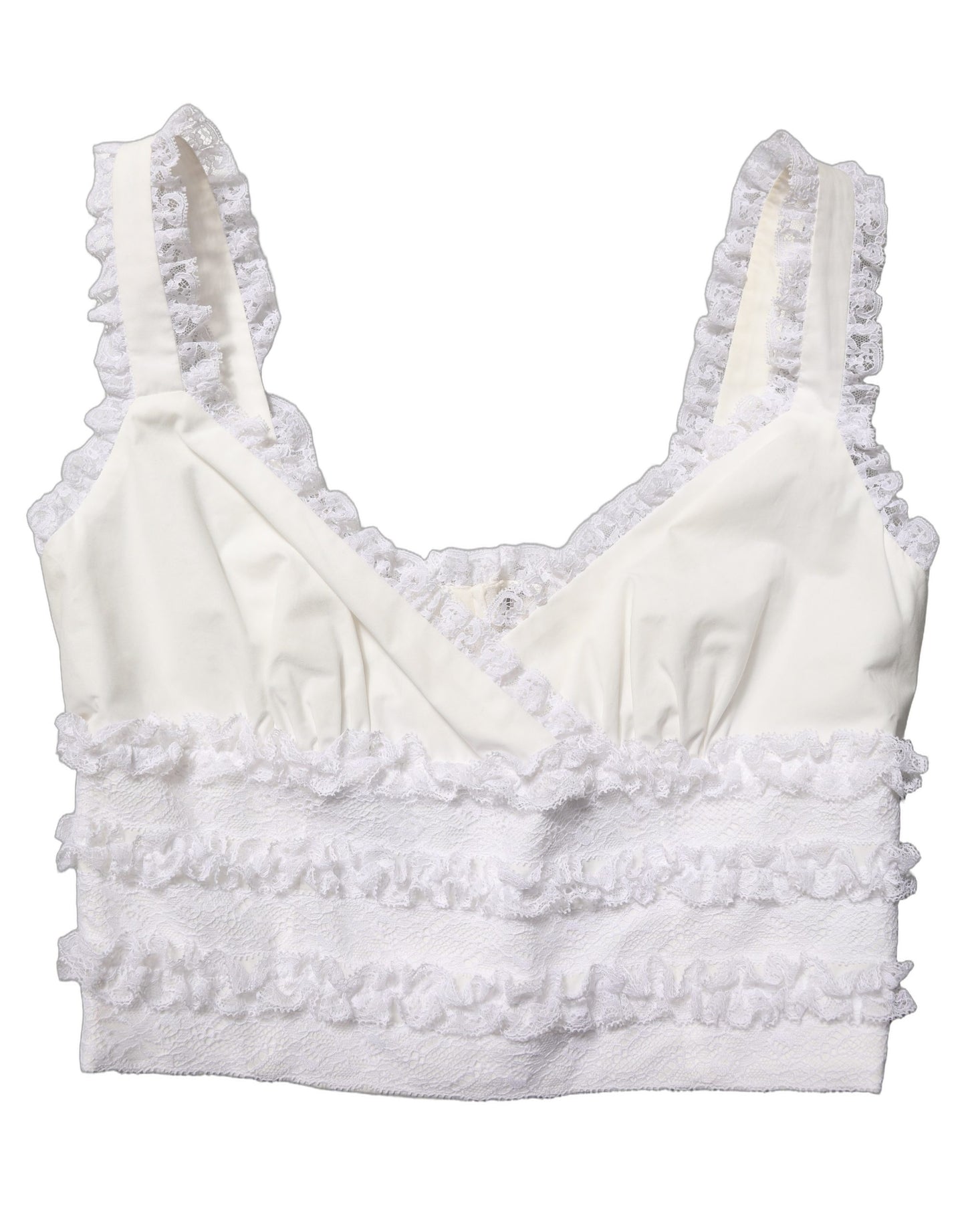 Dolce & Gabbana White Lace Trimmed Cotton Cropped Tank Top