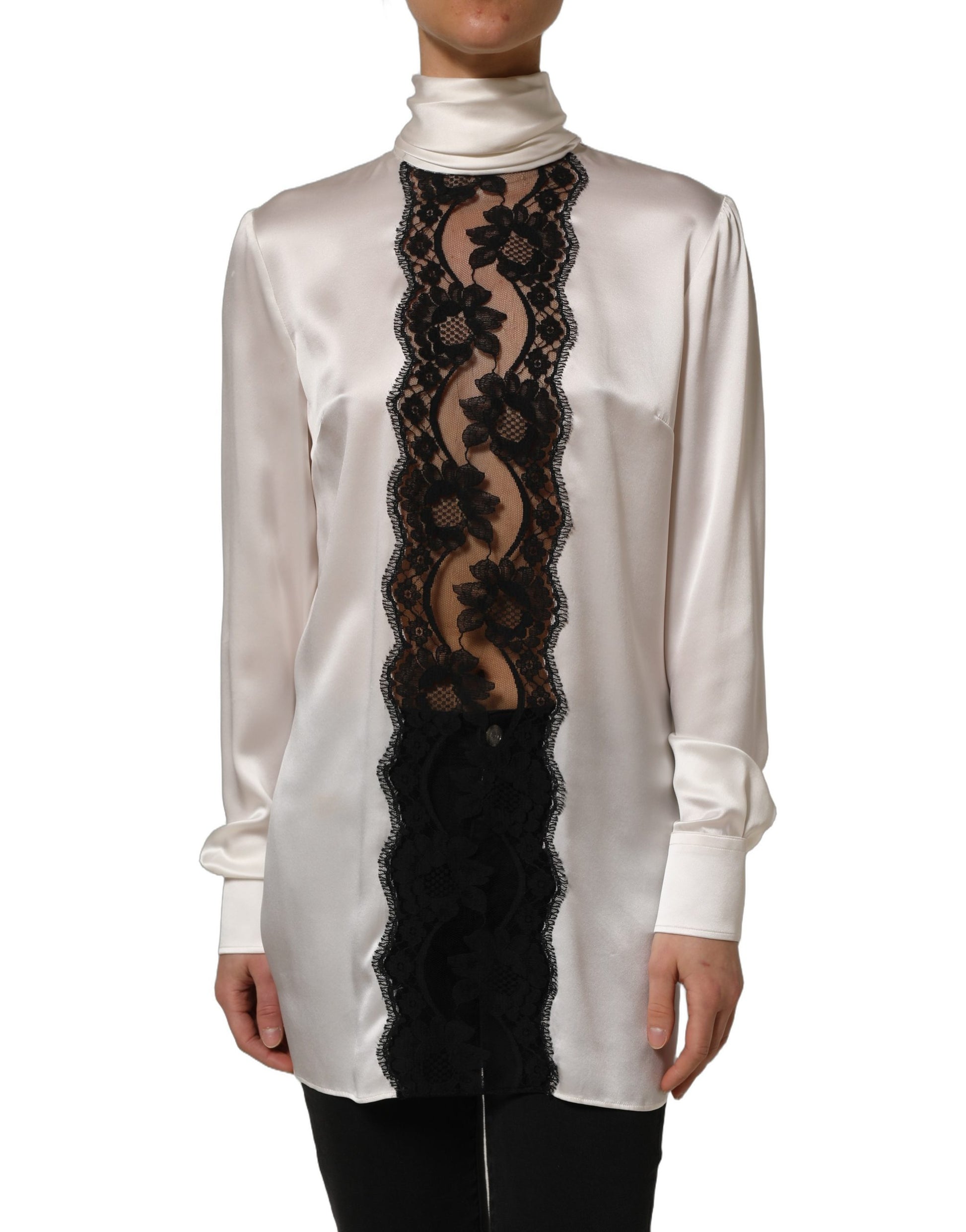 Dolce & Gabbana White satin Lace Trim Long Sleeves Blouse Top