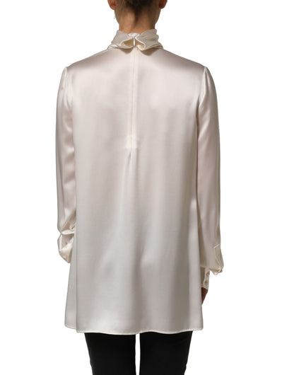 Dolce & Gabbana White satin Lace Trim Long Sleeves Blouse Top