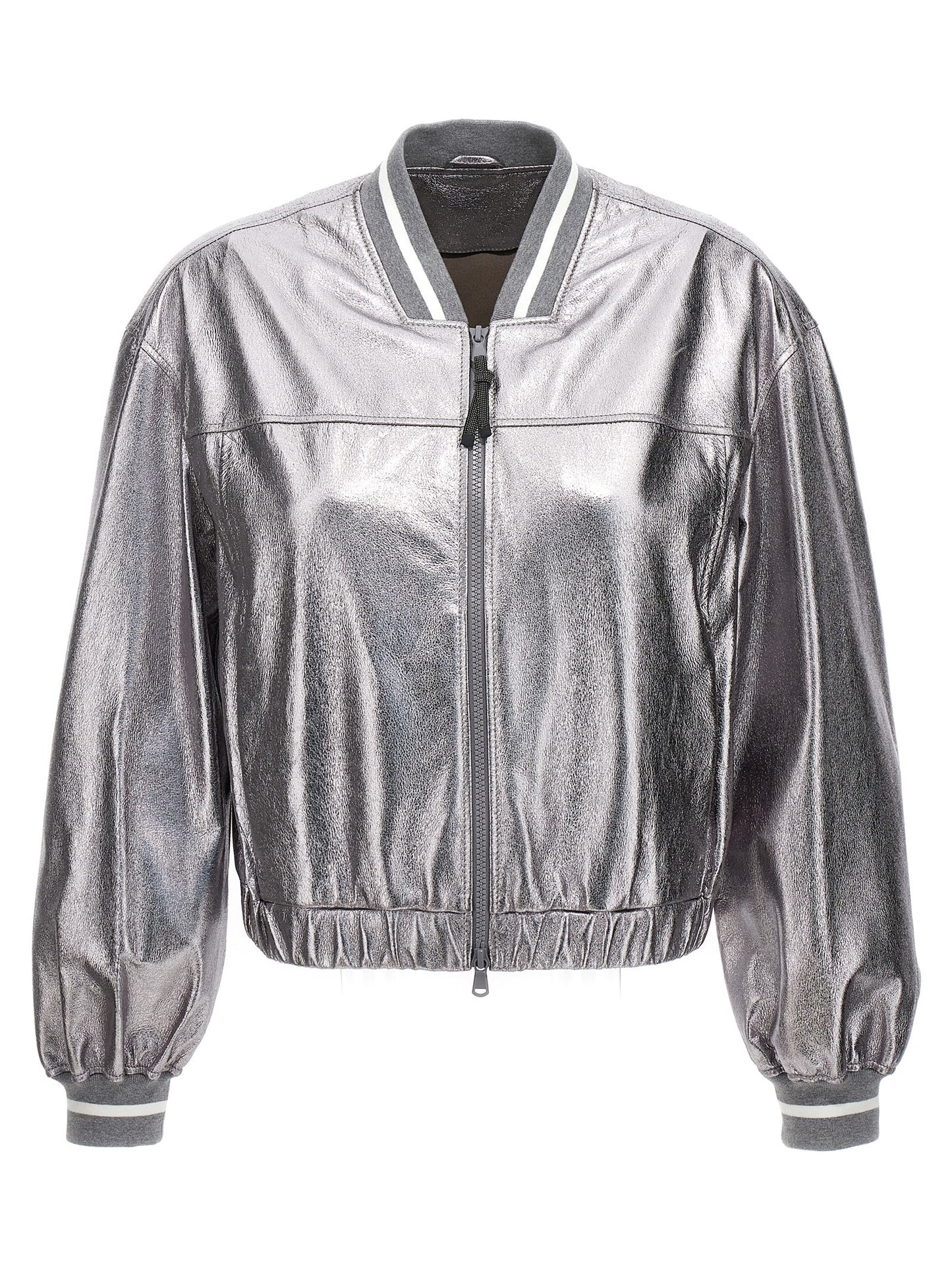 Brunello Cucinelli Silver Leather Bomber Jacket
