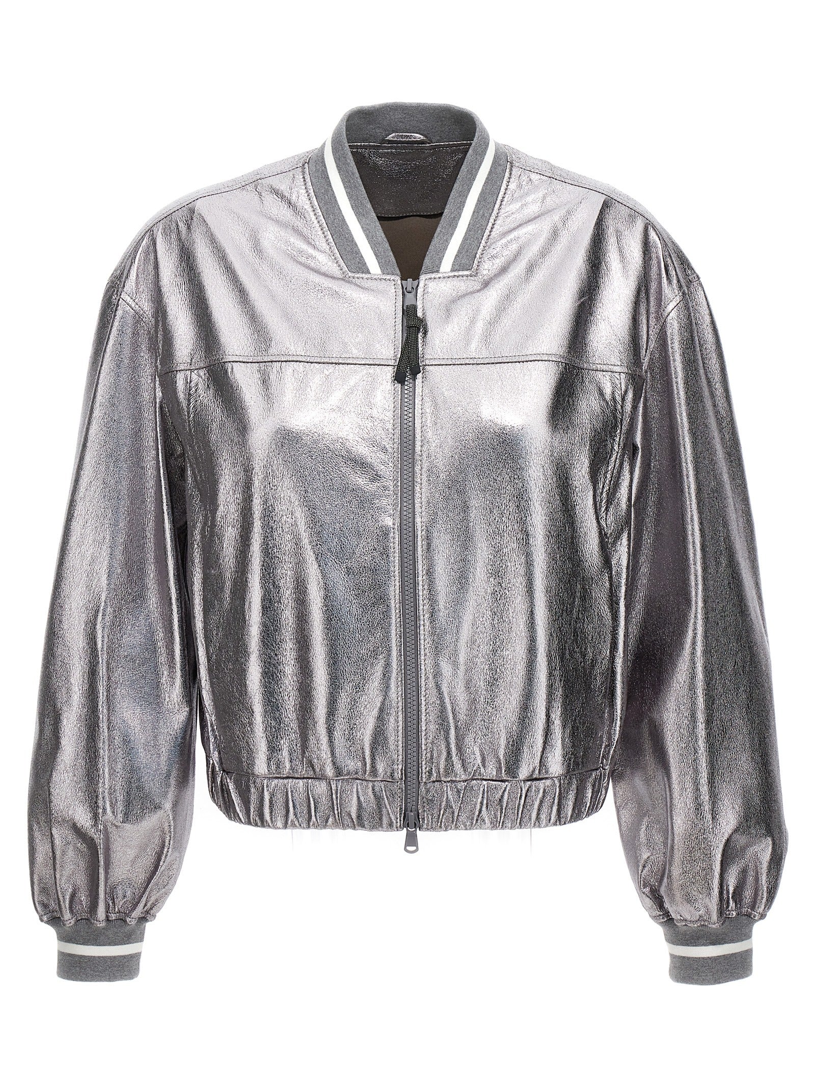 Brunello Cucinelli Silver Leather Bomber Jacket