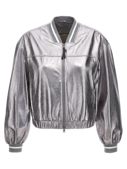 Brunello Cucinelli Silver Leather Bomber Jacket