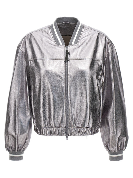 Brunello Cucinelli Silver Leather Bomber Jacket