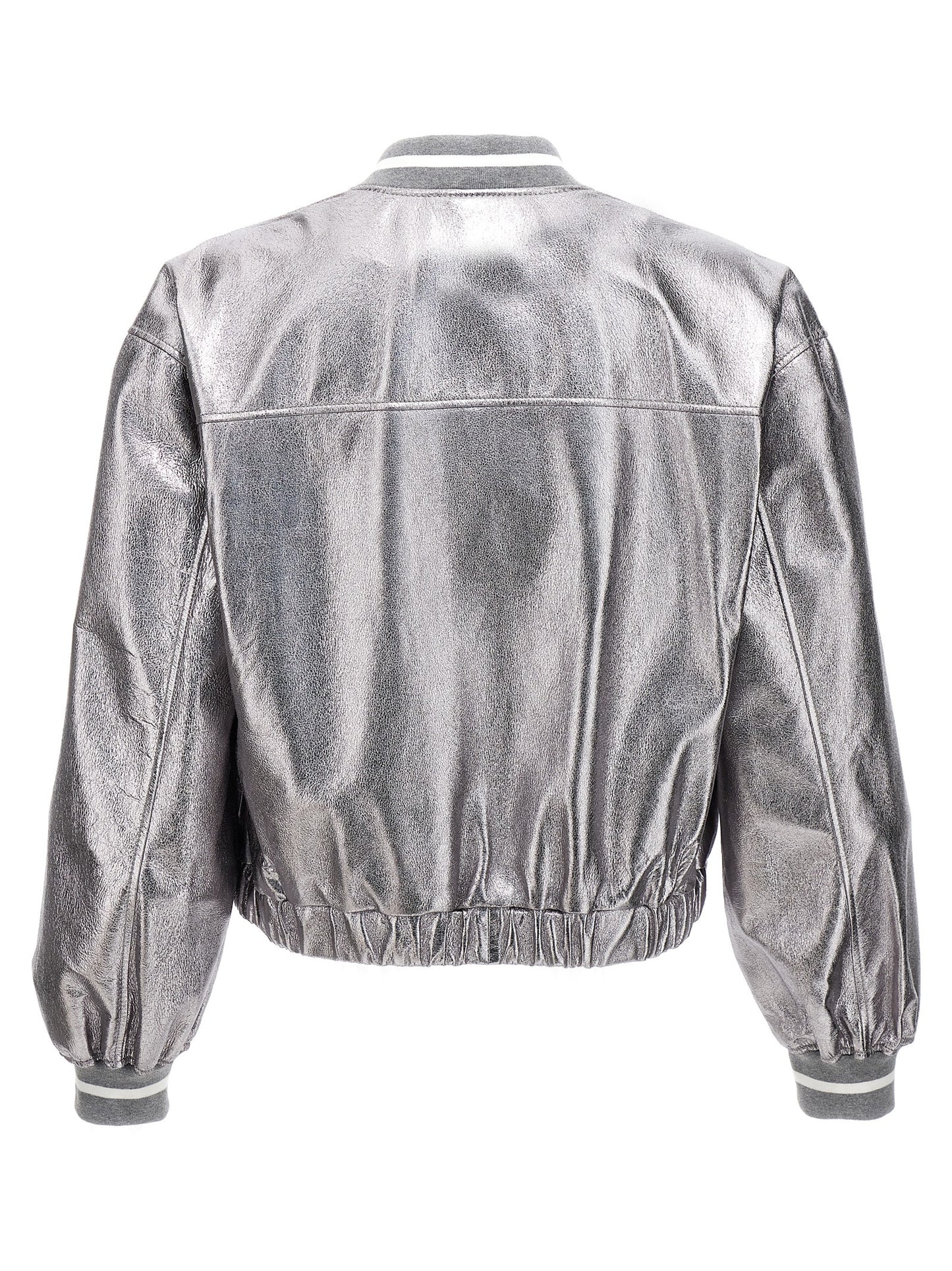 Brunello Cucinelli Silver Leather Bomber Jacket