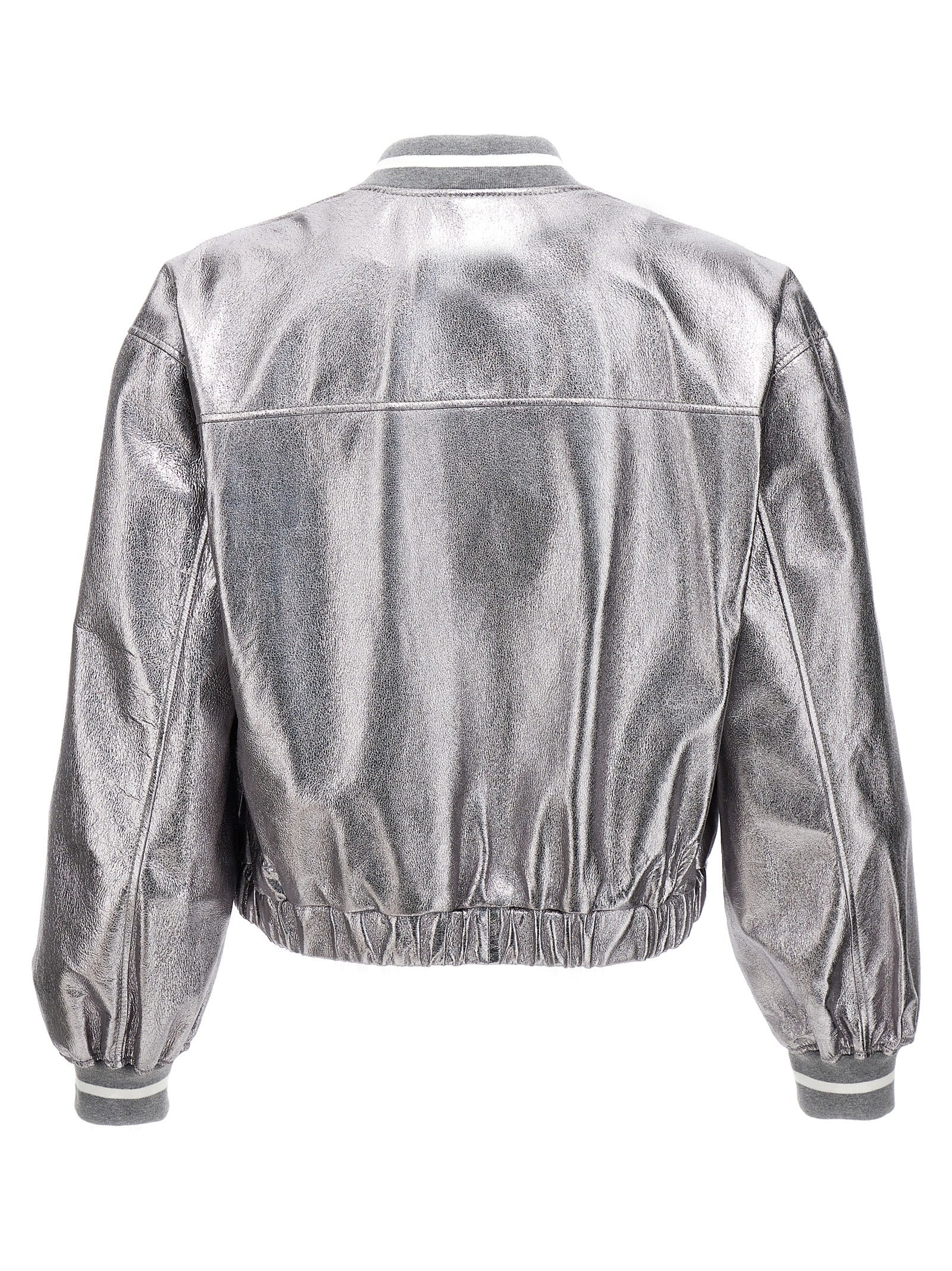 Brunello Cucinelli Silver Leather Bomber Jacket