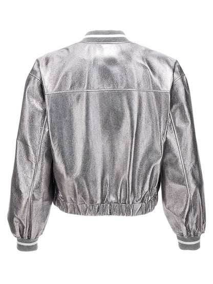 Brunello Cucinelli Silver Leather Bomber Jacket