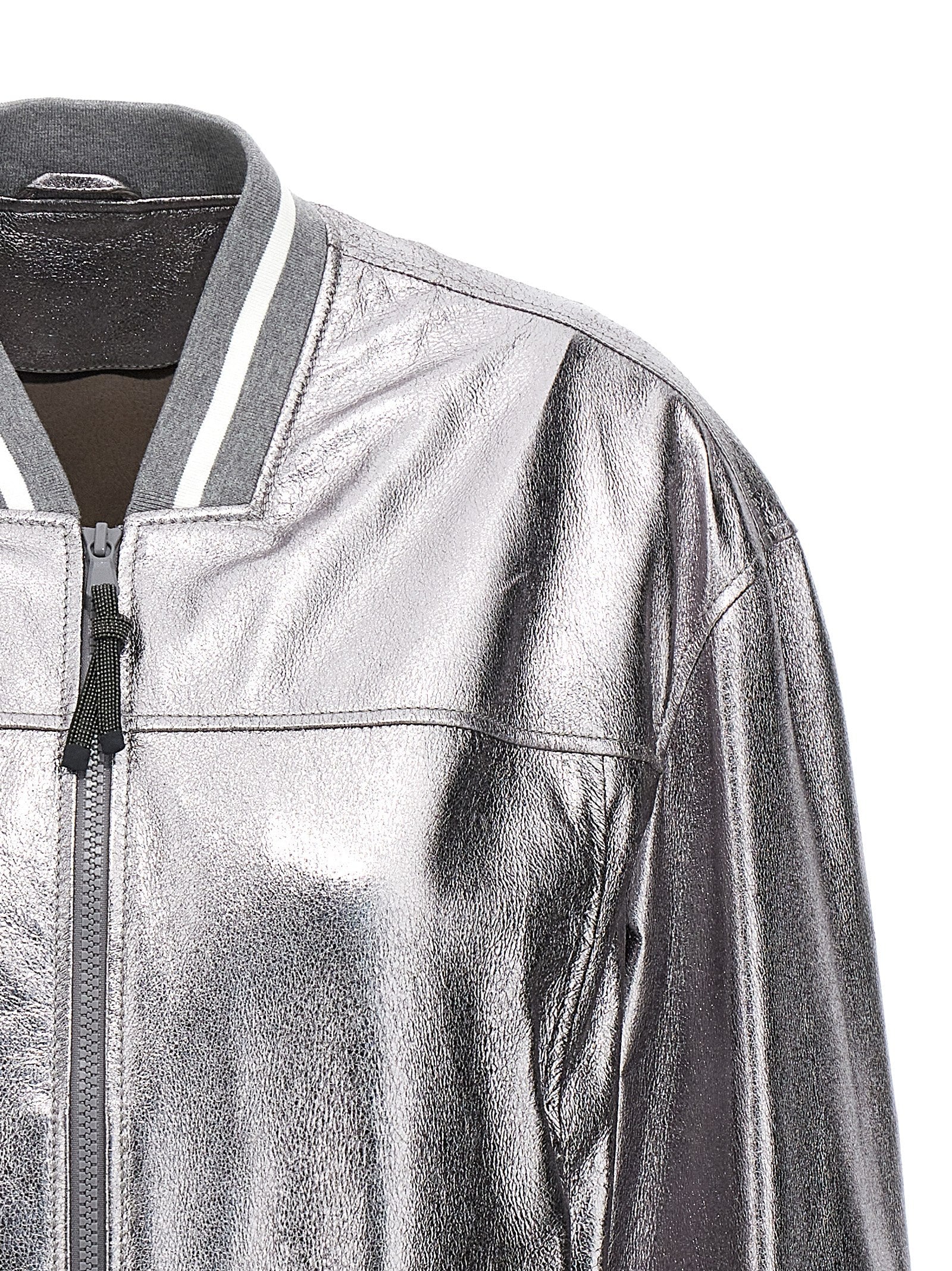 Brunello Cucinelli Silver Leather Bomber Jacket
