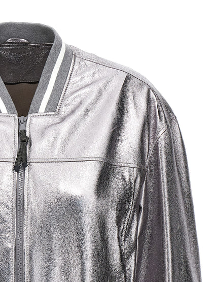 Brunello Cucinelli Silver Leather Bomber Jacket