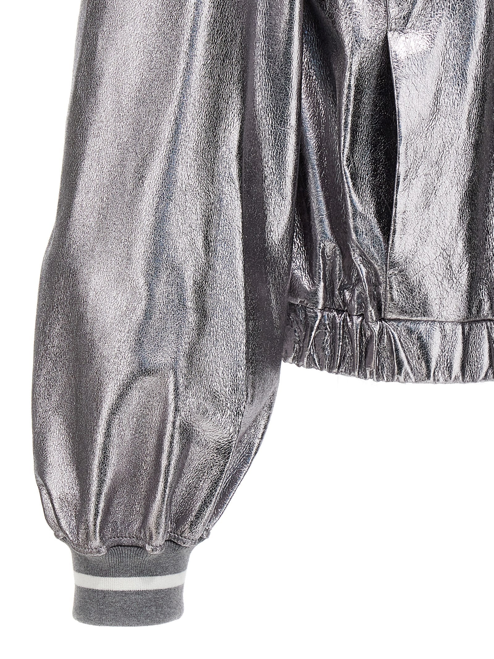 Brunello Cucinelli Silver Leather Bomber Jacket