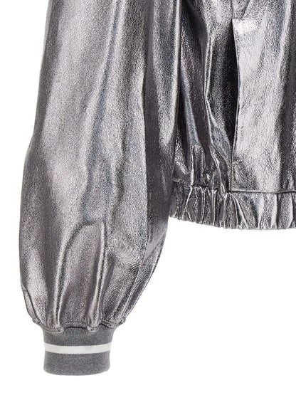 Brunello Cucinelli Silver Leather Bomber Jacket