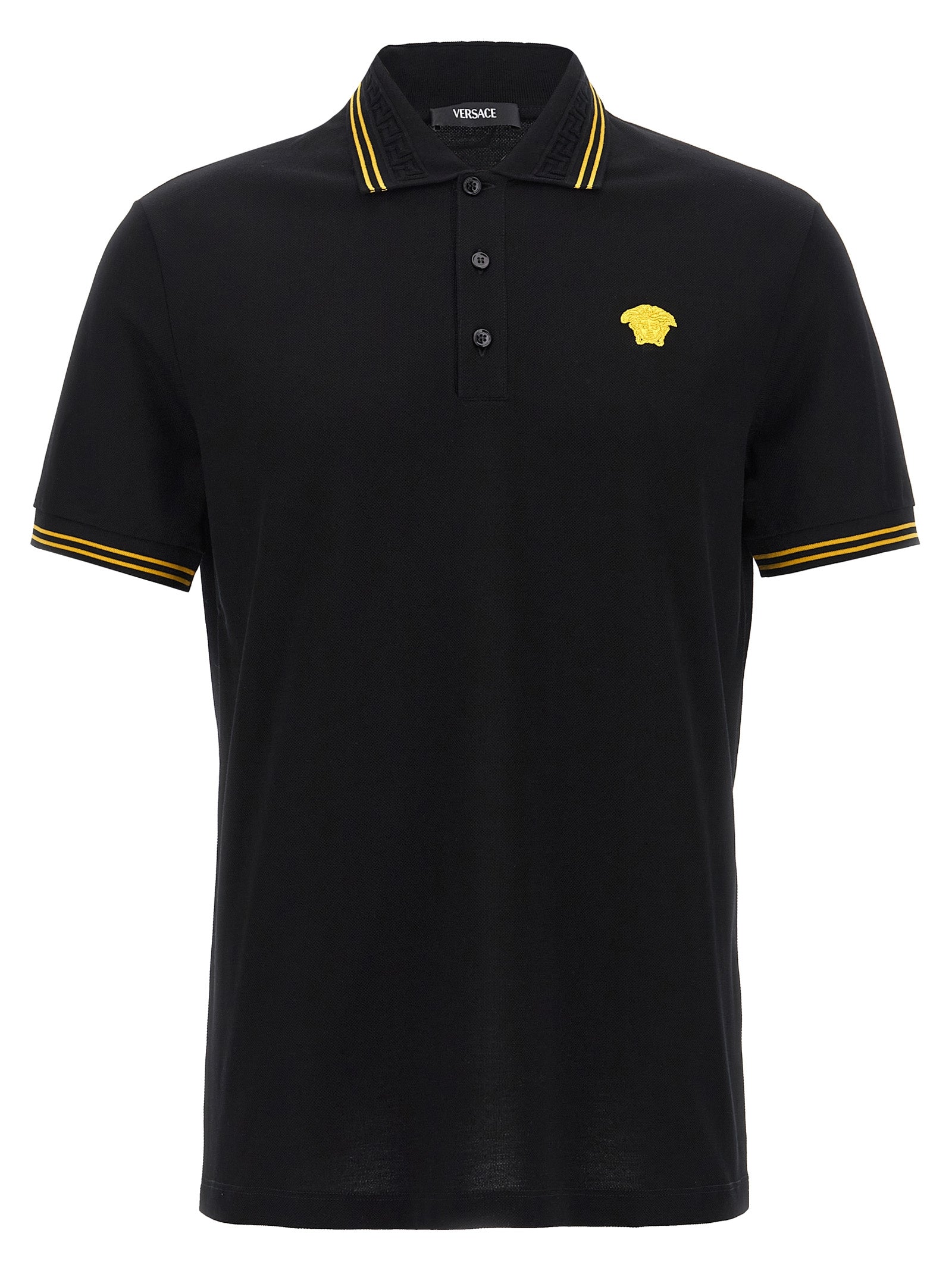 Versace Black Cotton Piqué Polo Shirt with Greek Jacquard Collar and Medusa Logo