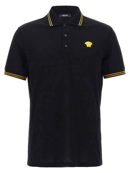 Versace Black Cotton Piqué Polo Shirt with Greek Jacquard Collar and Medusa Logo