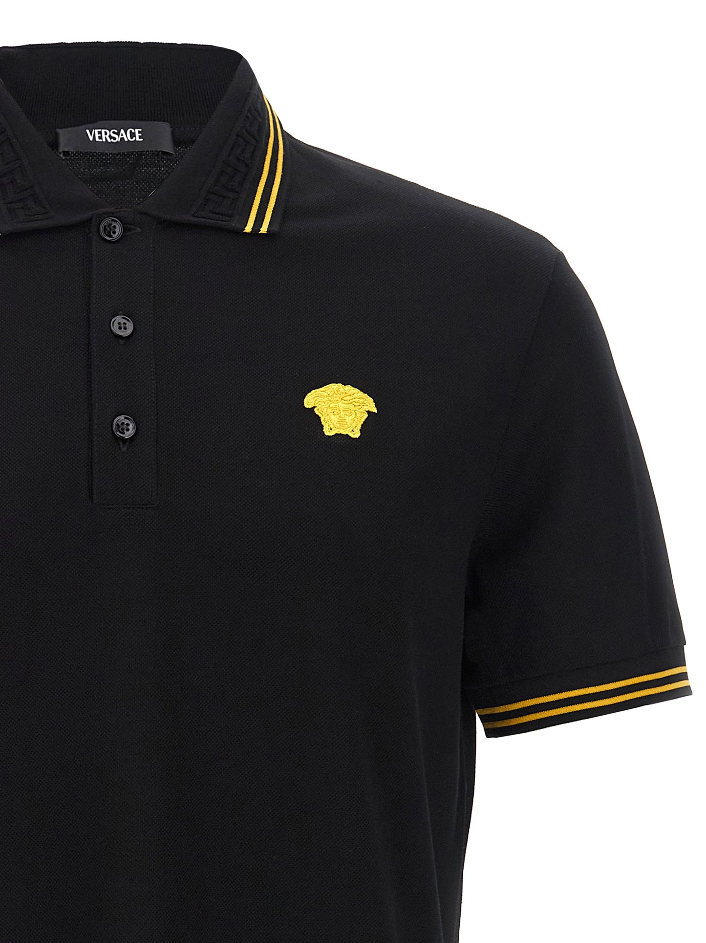 Versace Black Cotton Piqué Polo Shirt with Greek Jacquard Collar and Medusa Logo