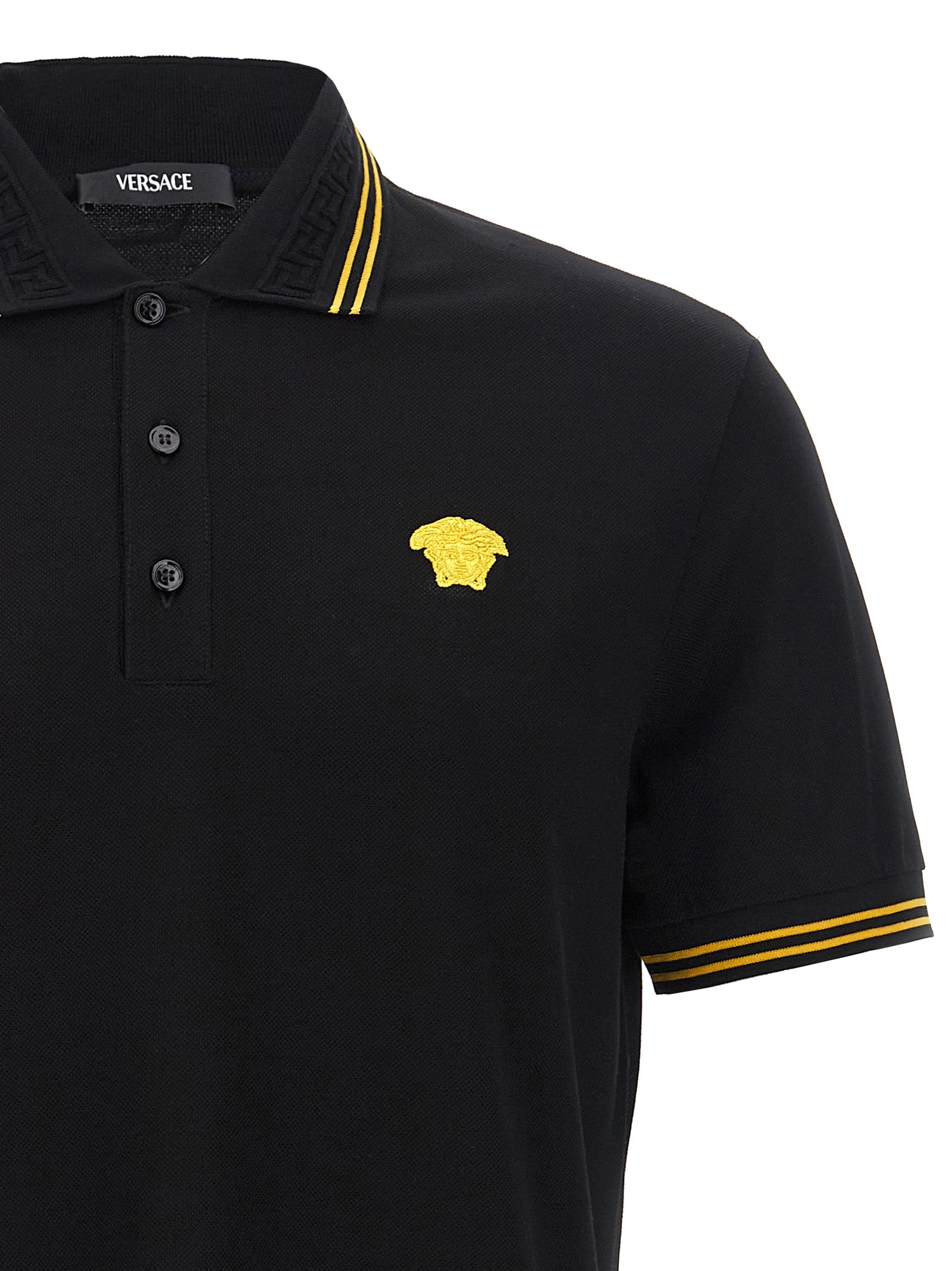 Versace Black Cotton Piqué Polo Shirt with Greek Jacquard Collar and Medusa Logo