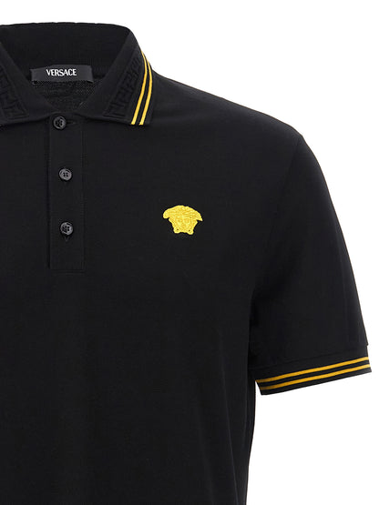 Versace Black Cotton Piqué Polo Shirt with Greek Jacquard Collar and Medusa Logo