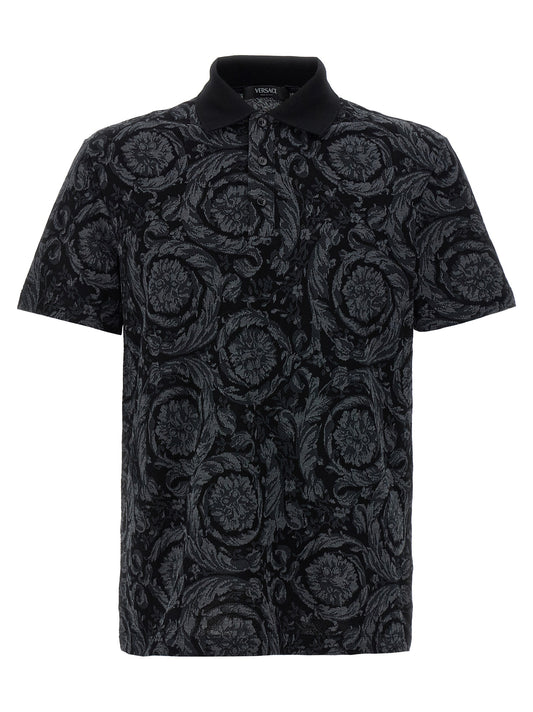 Versace Gray Baroque Jacquard Cotton Polo Shirt