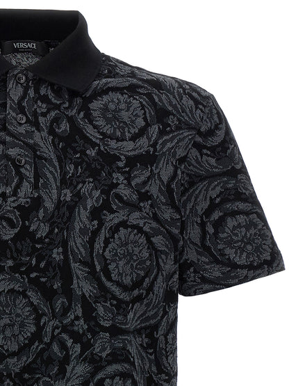 Versace Gray Baroque Jacquard Cotton Polo Shirt