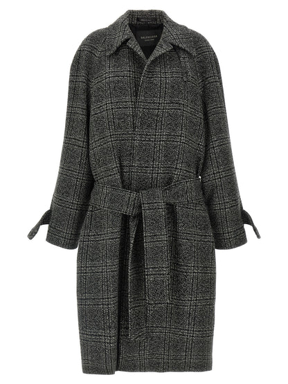 Balenciaga One Layer Vintage Wool Check Coat - Black
