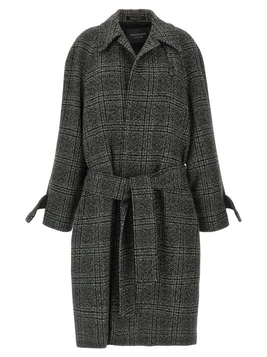 Balenciaga One Layer Vintage Wool Check Coat - Black