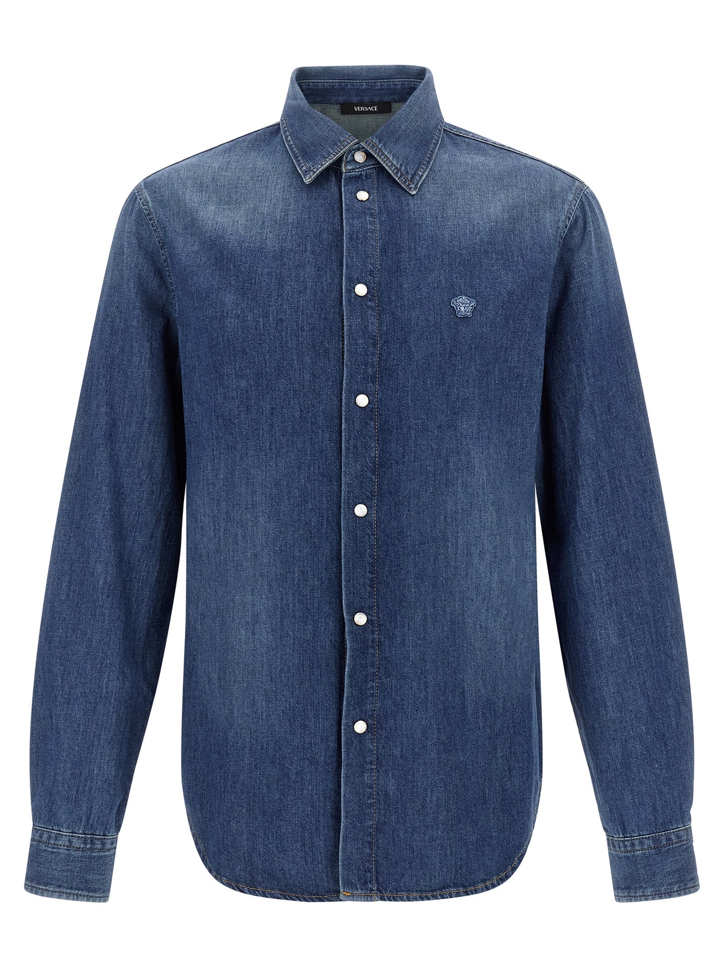 Versace Blue Cotton Denim Shirt with Medusa Patch
