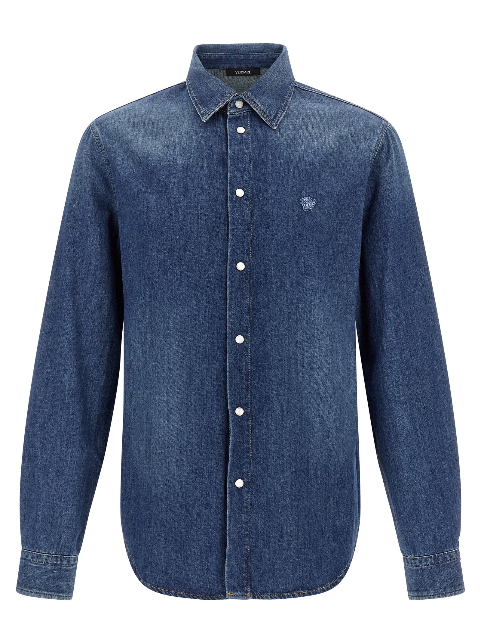 Versace Blue Cotton Denim Shirt with Medusa Patch