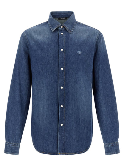 Versace Blue Cotton Denim Shirt with Medusa Patch