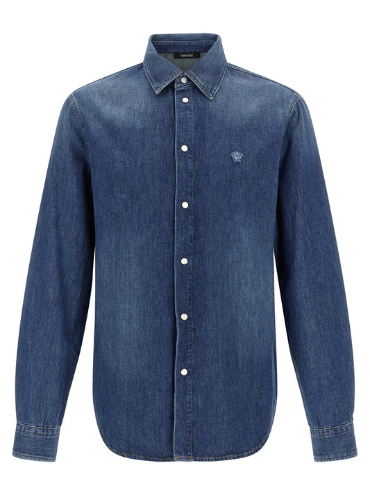 Versace Blue Cotton Denim Shirt with Medusa Patch