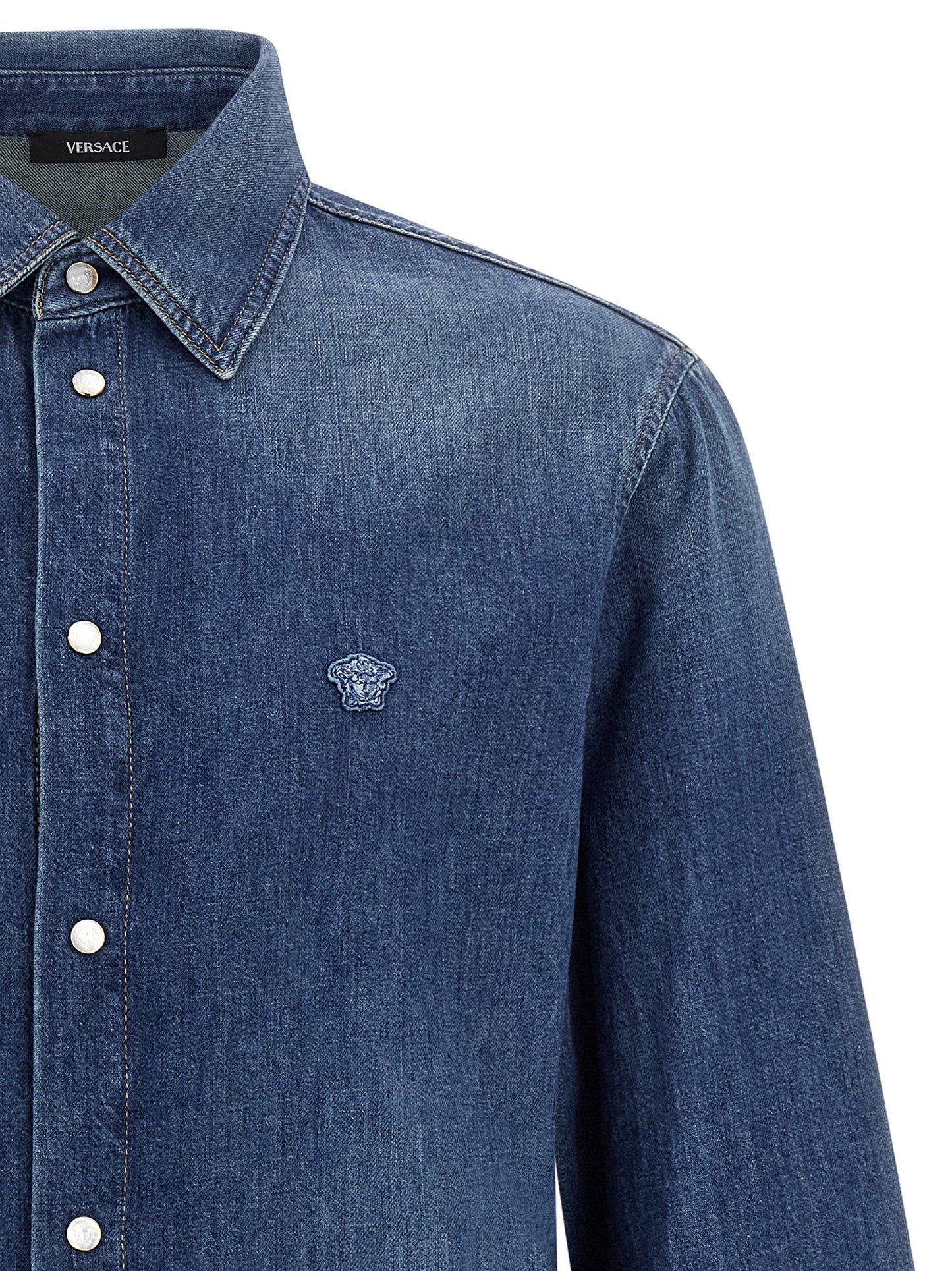 Versace Blue Cotton Denim Shirt with Medusa Patch