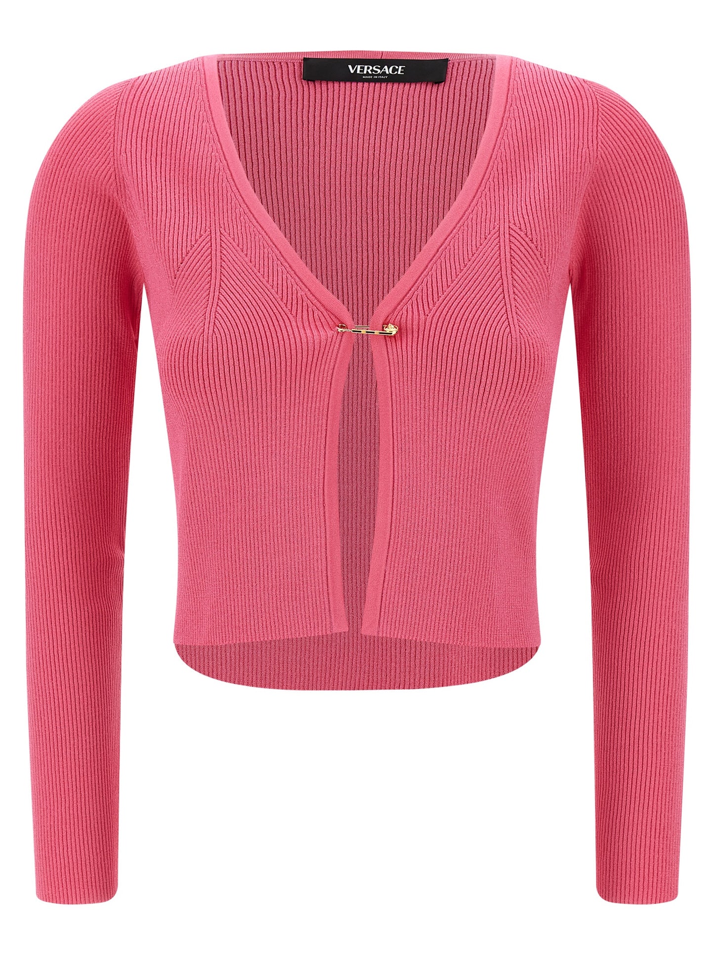Versace Fuchsia Stretch Ribbed Knit Cardigan with Removable Safety Pin