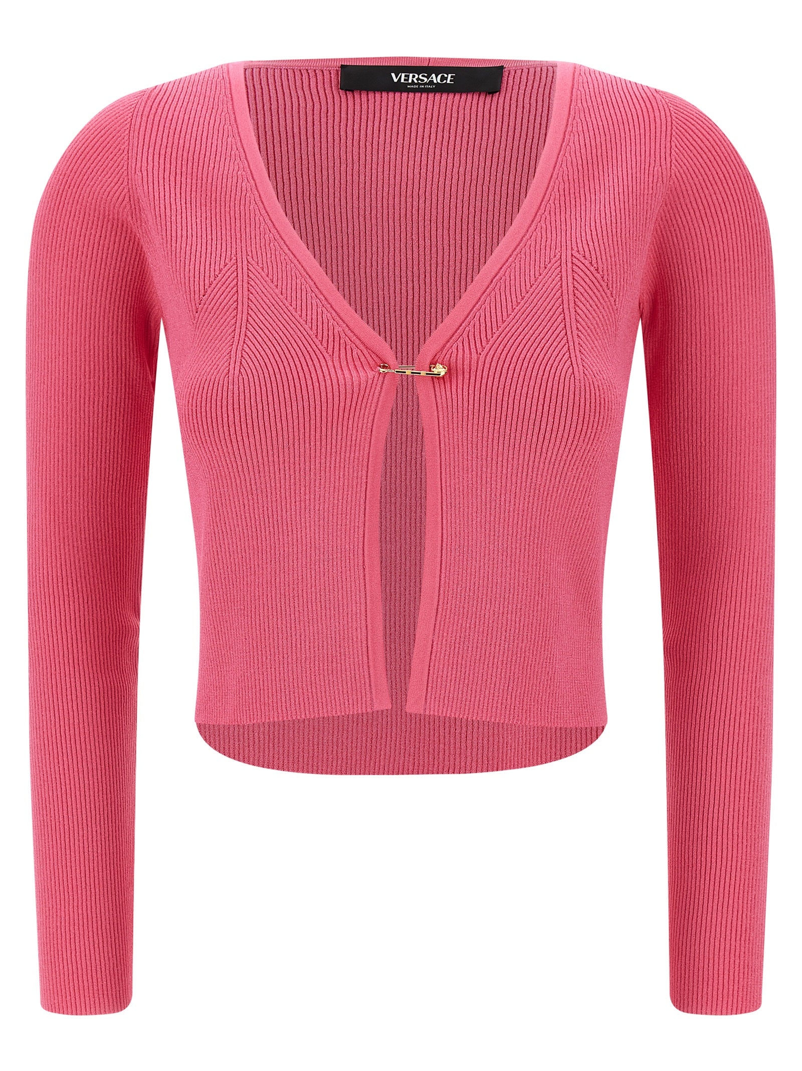 Versace Fuchsia Stretch Ribbed Knit Cardigan with Removable Safety Pin
