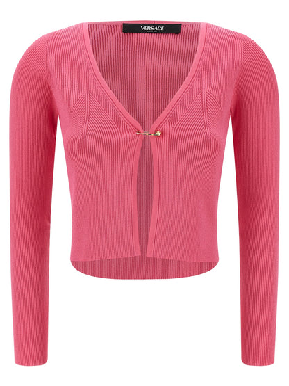 Versace Fuchsia Stretch Ribbed Knit Cardigan with Removable Safety Pin